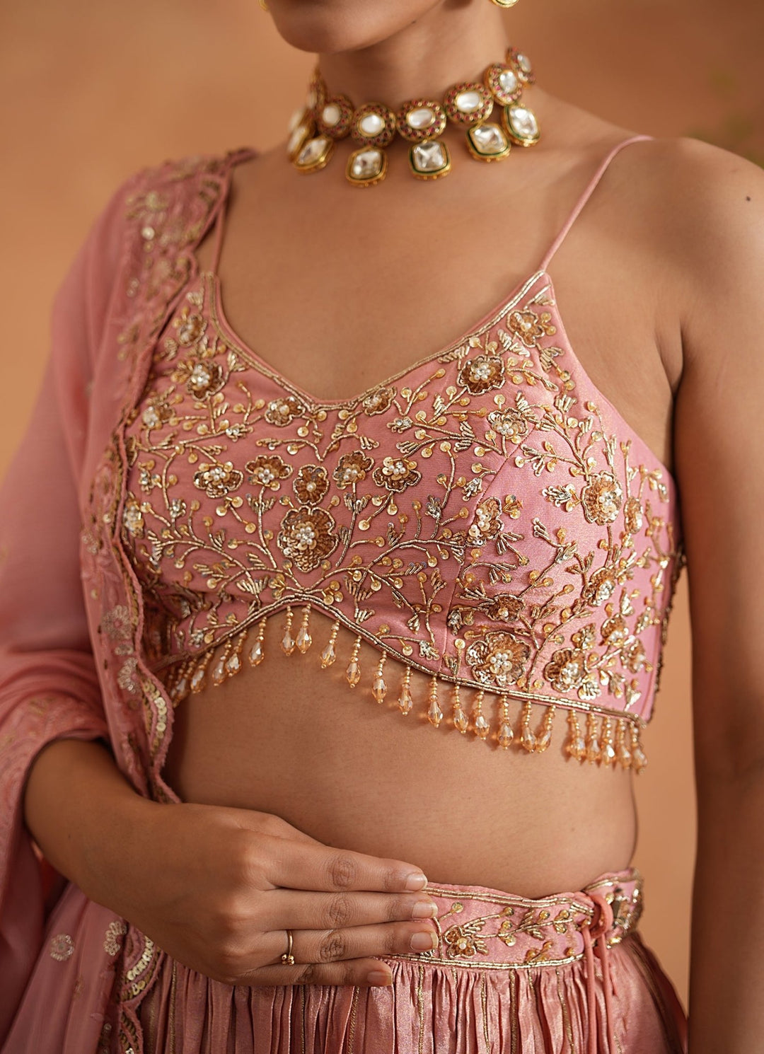 Pink Embroidered Tissue Lehenga Set Deepika Chadha - Fabilicious Fashion