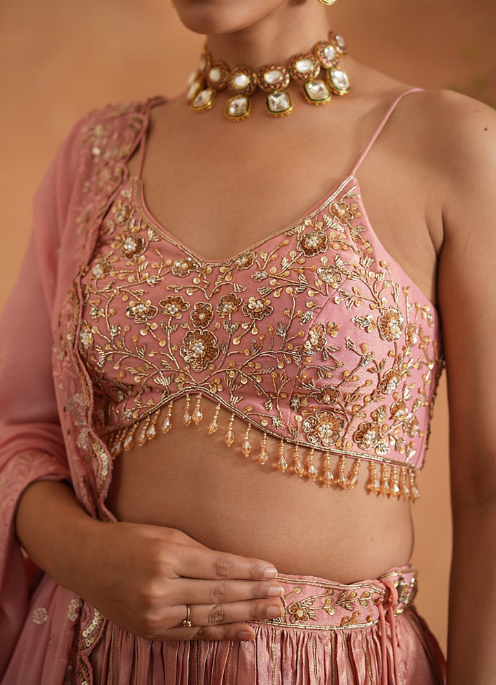 Pink Embroidered Tissue Lehenga Set Deepika Chadha - Fabilicious Fashion