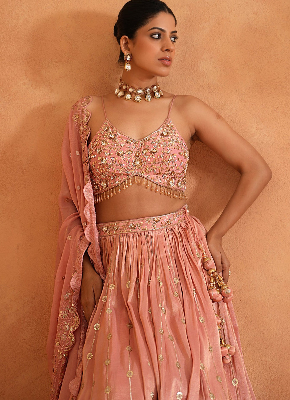 Pink Embroidered Tissue Lehenga Set Deepika Chadha - Fabilicious Fashion