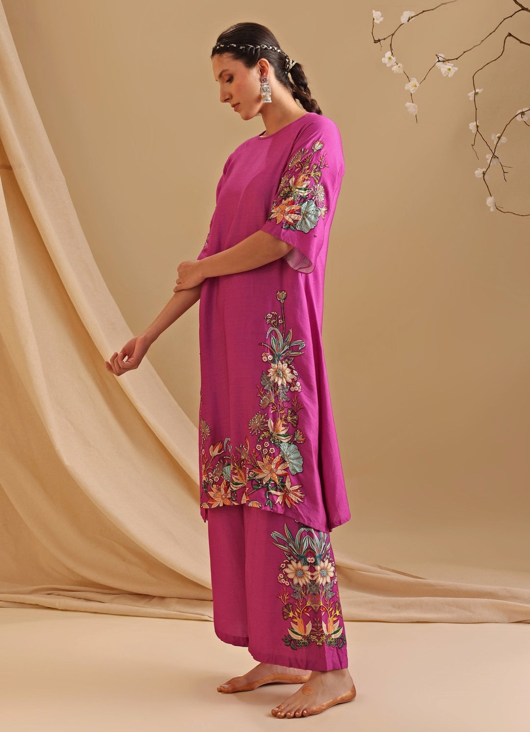 Pink Embroidery Chanderi Floral Kurta With Pant Soup By Sougat Paul - Fabilicious Fashion