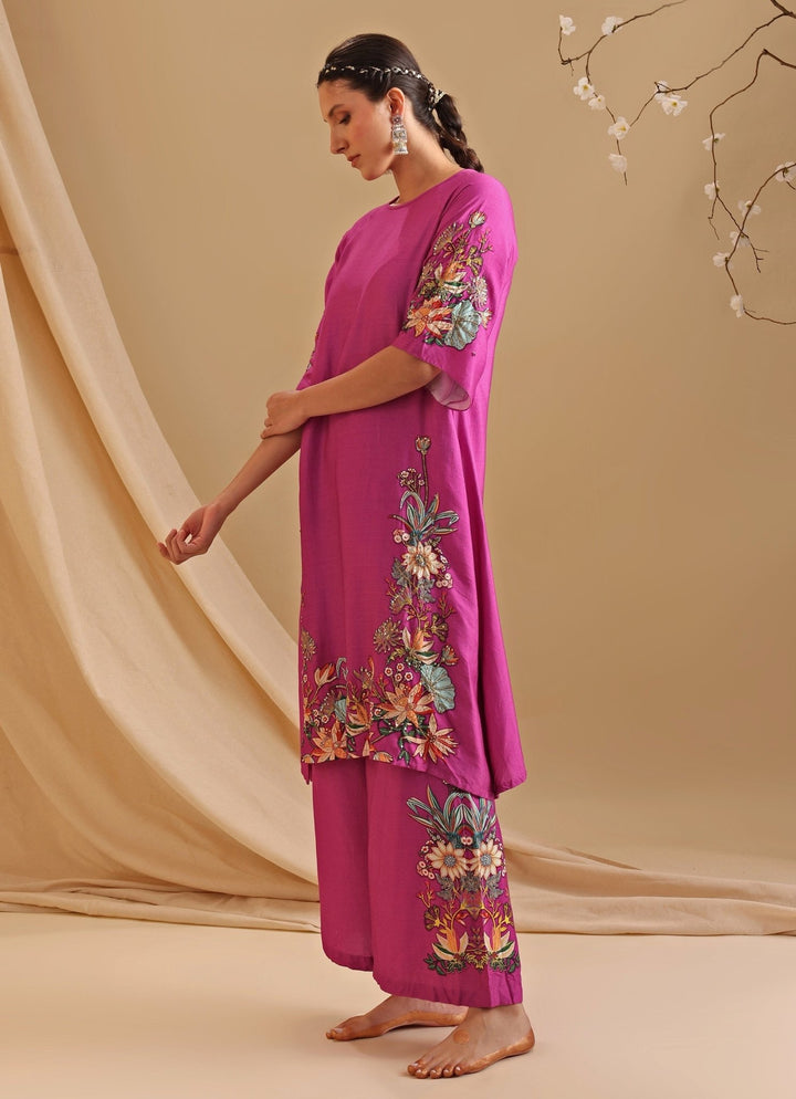 Pink Embroidery Chanderi Floral Kurta With Pant Soup By Sougat Paul - Fabilicious Fashion