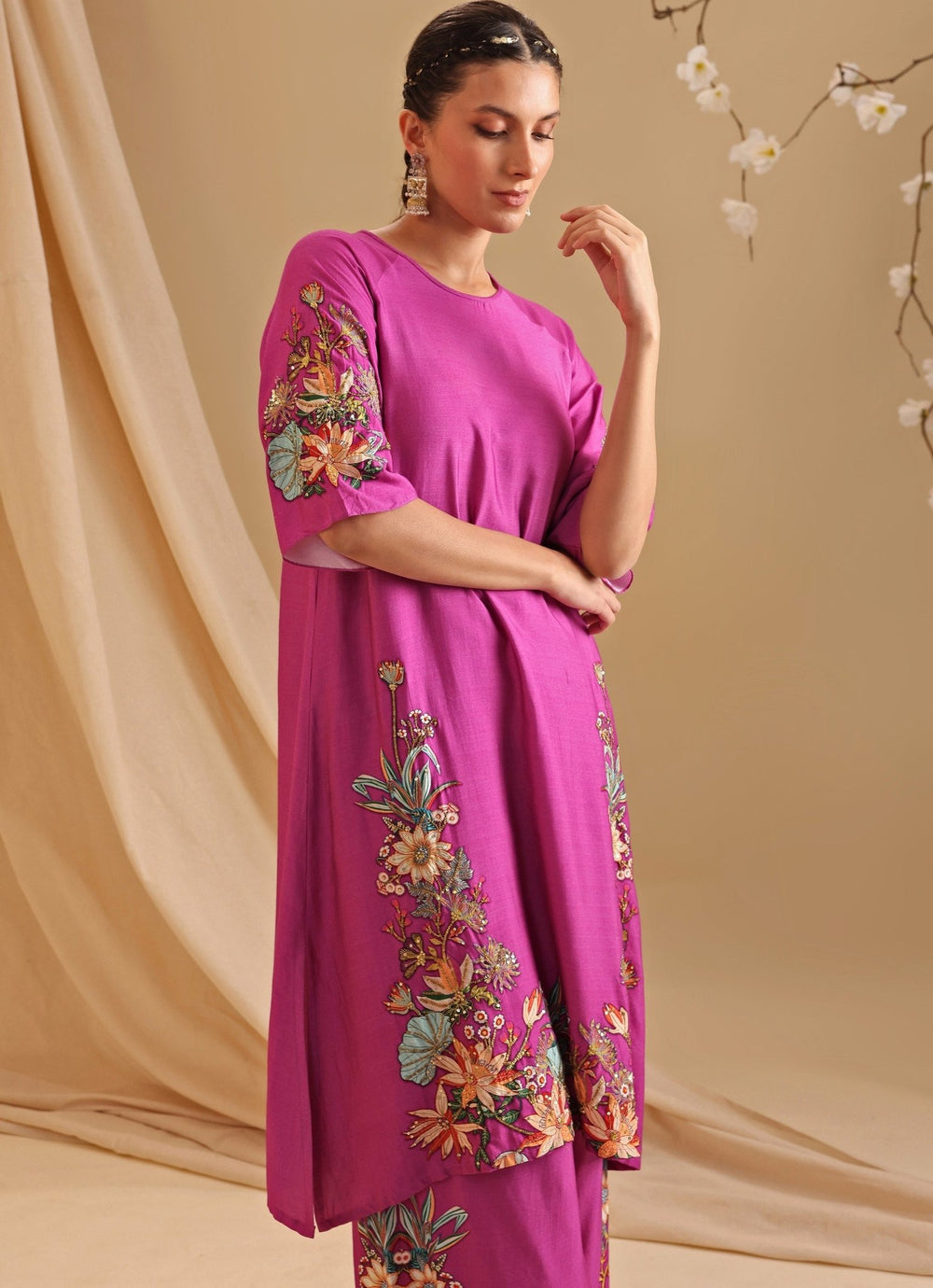 Pink Embroidery Chanderi Floral Kurta With Pant Soup By Sougat Paul - Fabilicious Fashion