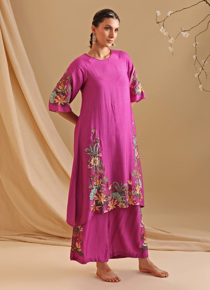 Pink Embroidery Chanderi Floral Kurta With Pant Soup By Sougat Paul - Fabilicious Fashion