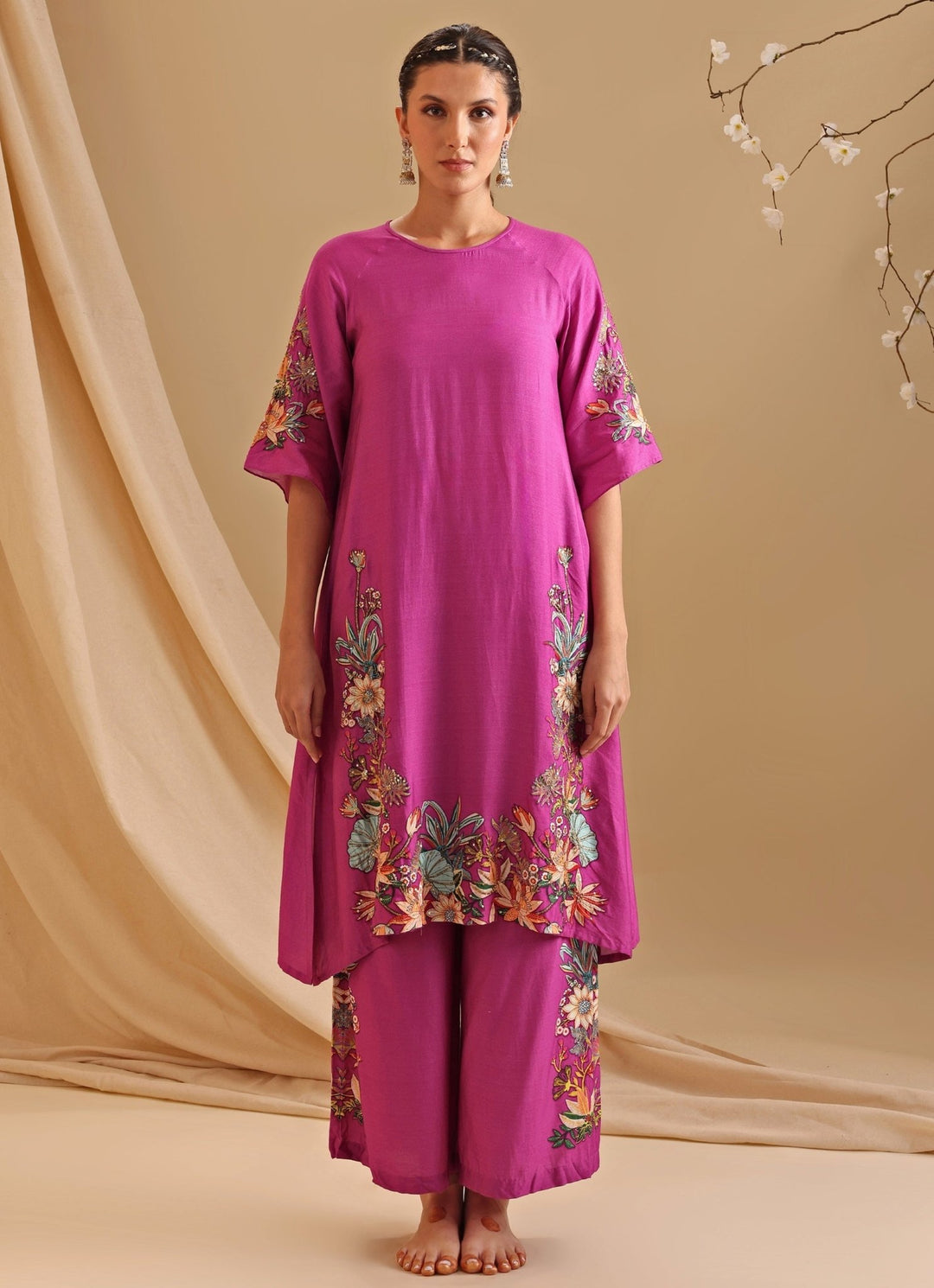 Pink Embroidery Chanderi Floral Kurta With Pant Soup By Sougat Paul - Fabilicious Fashion