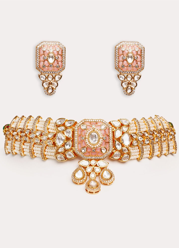 Pink Enamel Kundan Polki Choker Set With White Beads Zevar by Geeta - Fabilicious Fashion