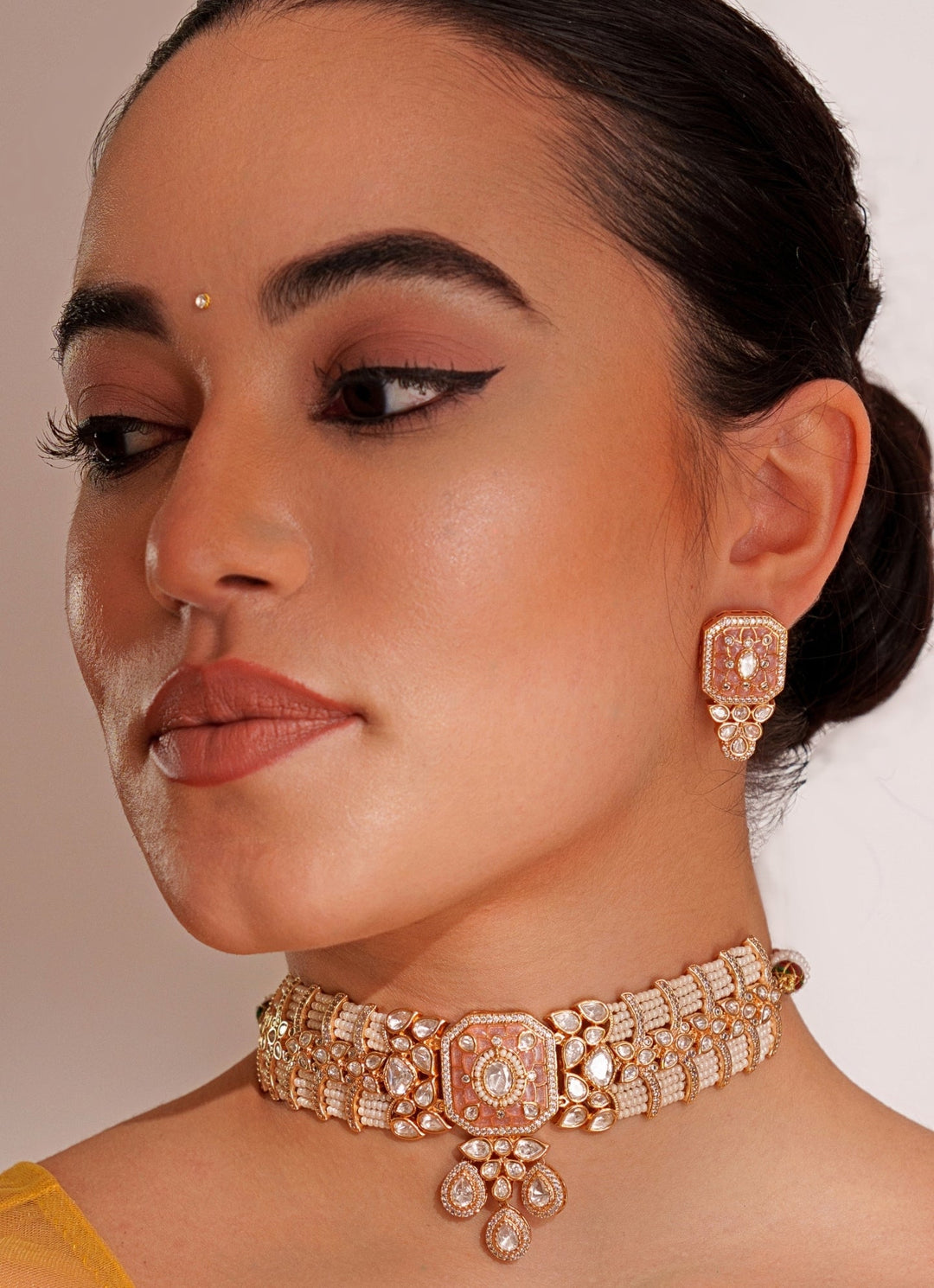 Pink Enamel Kundan Polki Choker Set With White Beads Zevar by Geeta - Fabilicious Fashion