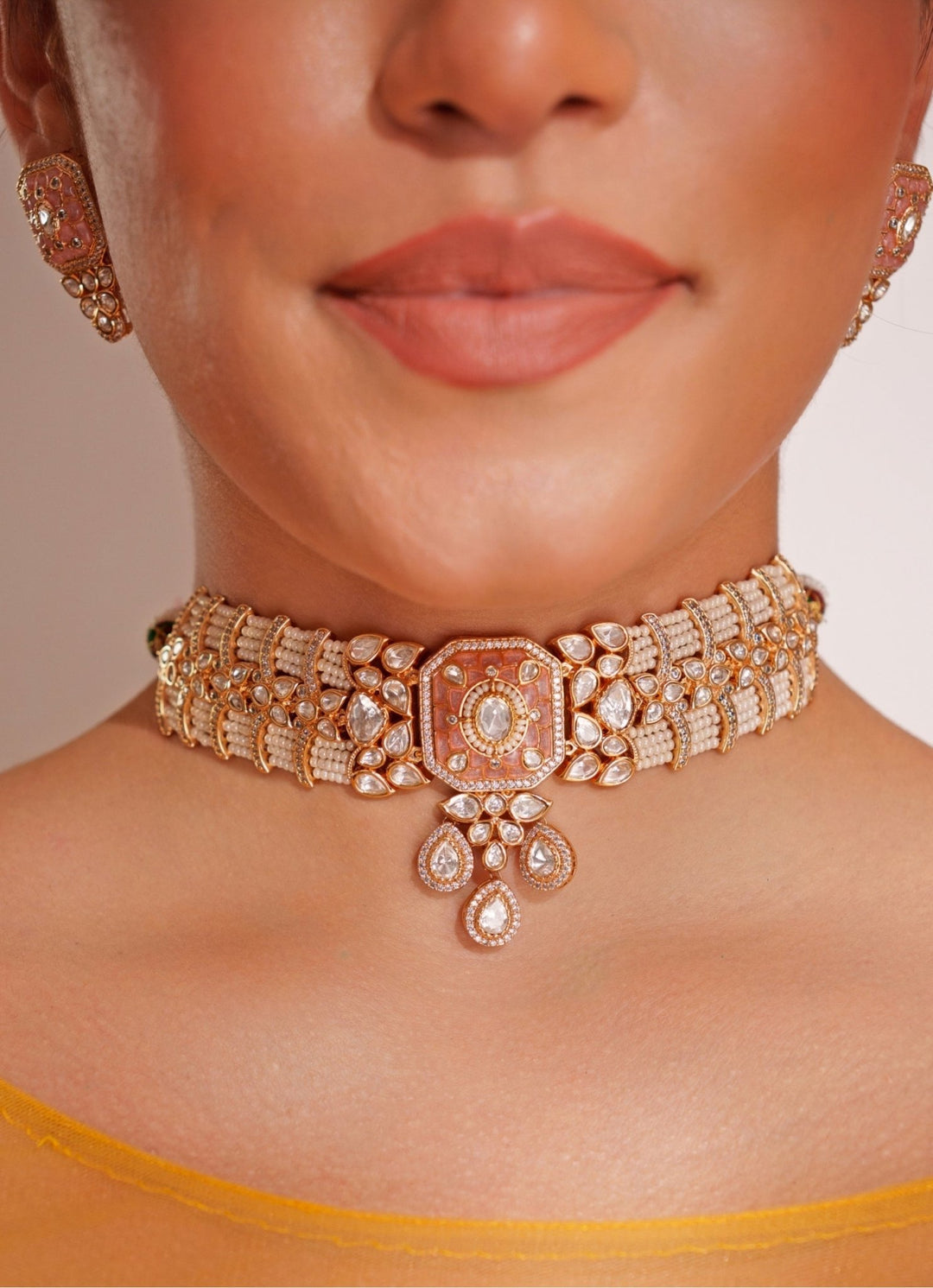 Pink Enamel Kundan Polki Choker Set With White Beads Zevar by Geeta - Fabilicious Fashion