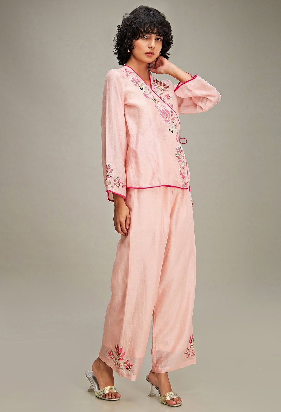 Pink Floral Applique And Embroidered Chanderi Top And Pant Set Soup By Sougat Paul - Fabilicious Fashion
