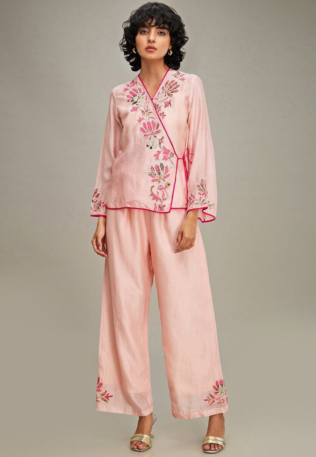Pink Floral Applique And Embroidered Chanderi Top And Pant Set Soup By Sougat Paul - Fabilicious Fashion