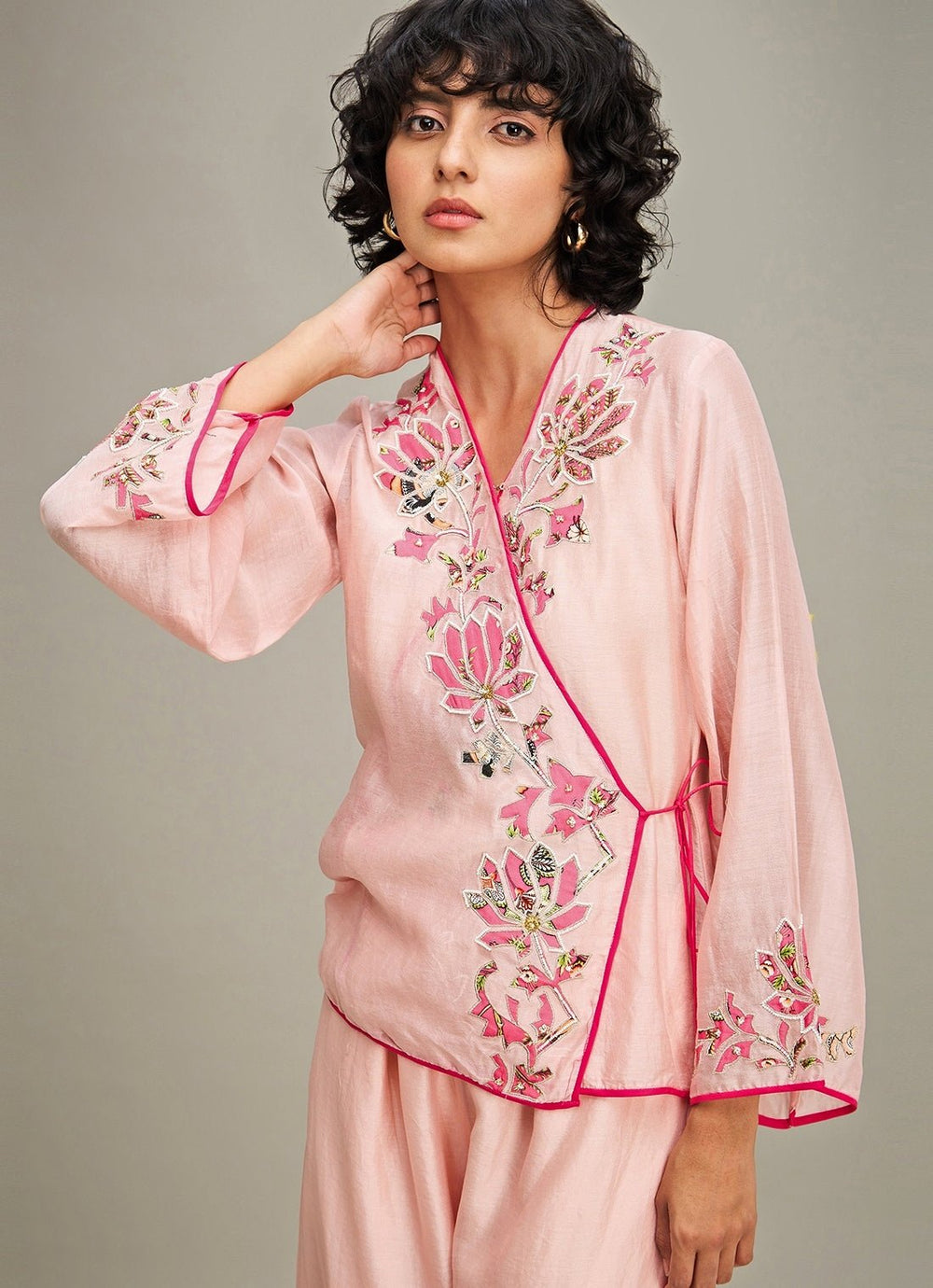 Pink Floral Applique And Embroidered Chanderi Top And Pant Set Soup By Sougat Paul - Fabilicious Fashion