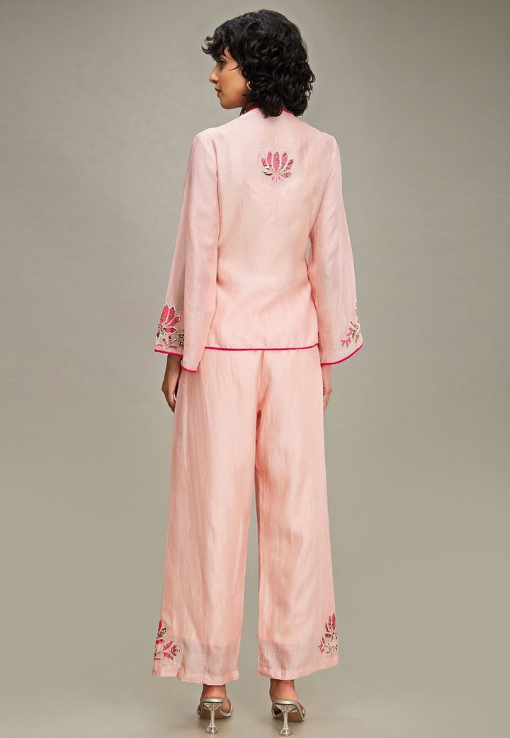 Pink Floral Applique And Embroidered Chanderi Top And Pant Set Soup By Sougat Paul - Fabilicious Fashion