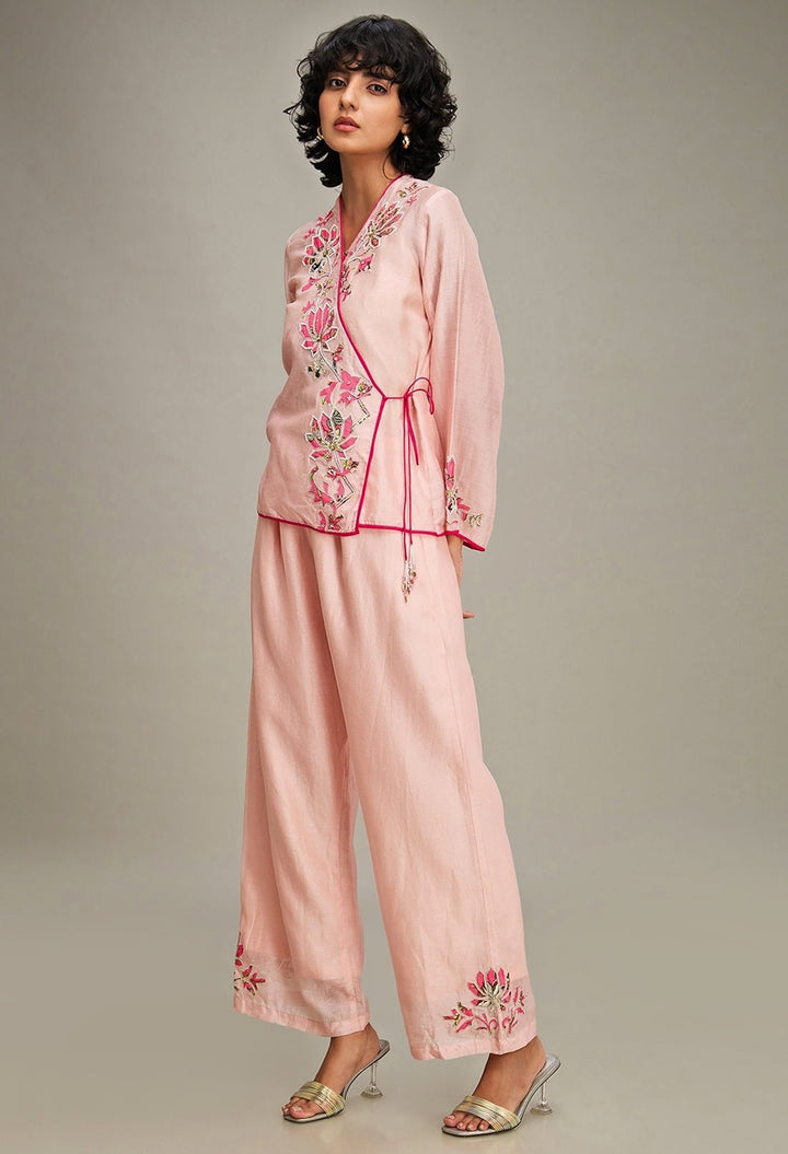 Pink Floral Applique And Embroidered Chanderi Top And Pant Set Soup By Sougat Paul - Fabilicious Fashion