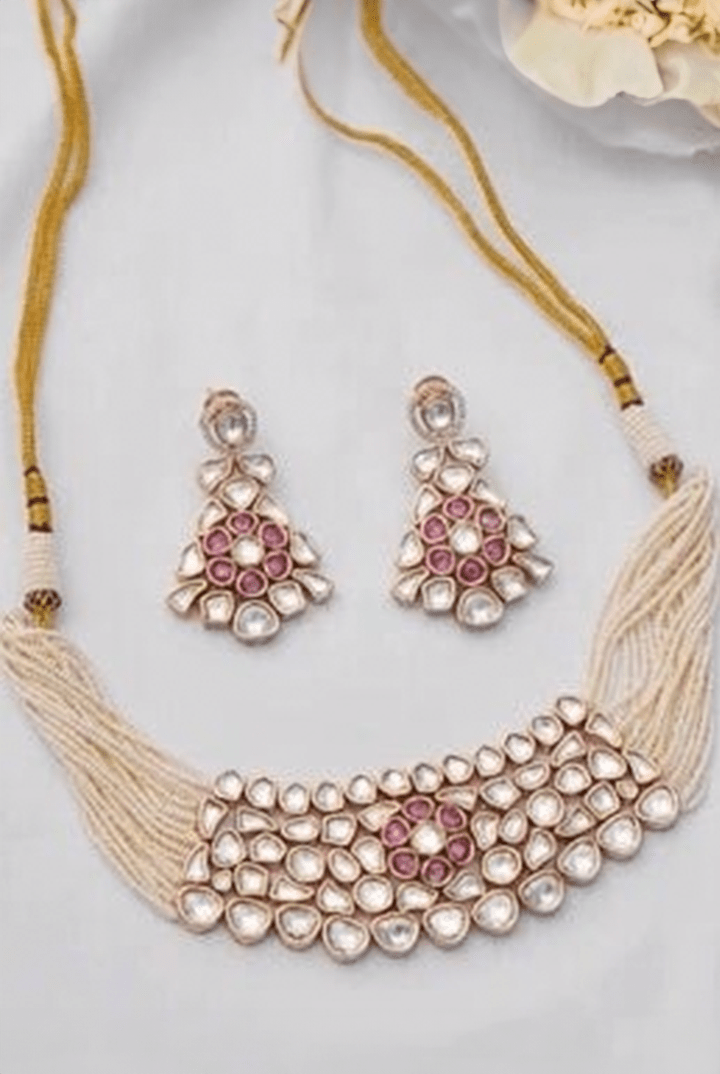 Pink Floral Center White Polki Set Zevar by Geeta - Fabilicious Fashion