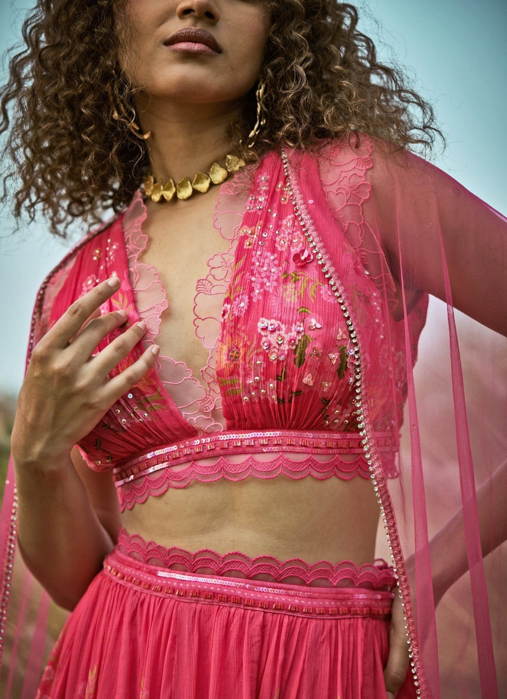 Pink Floral Chiffon Lehenga Set Basil Leaf - Fabilicious Fashion