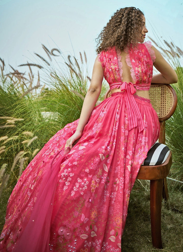 Pink Floral Chiffon Lehenga Set Basil Leaf - Fabilicious Fashion