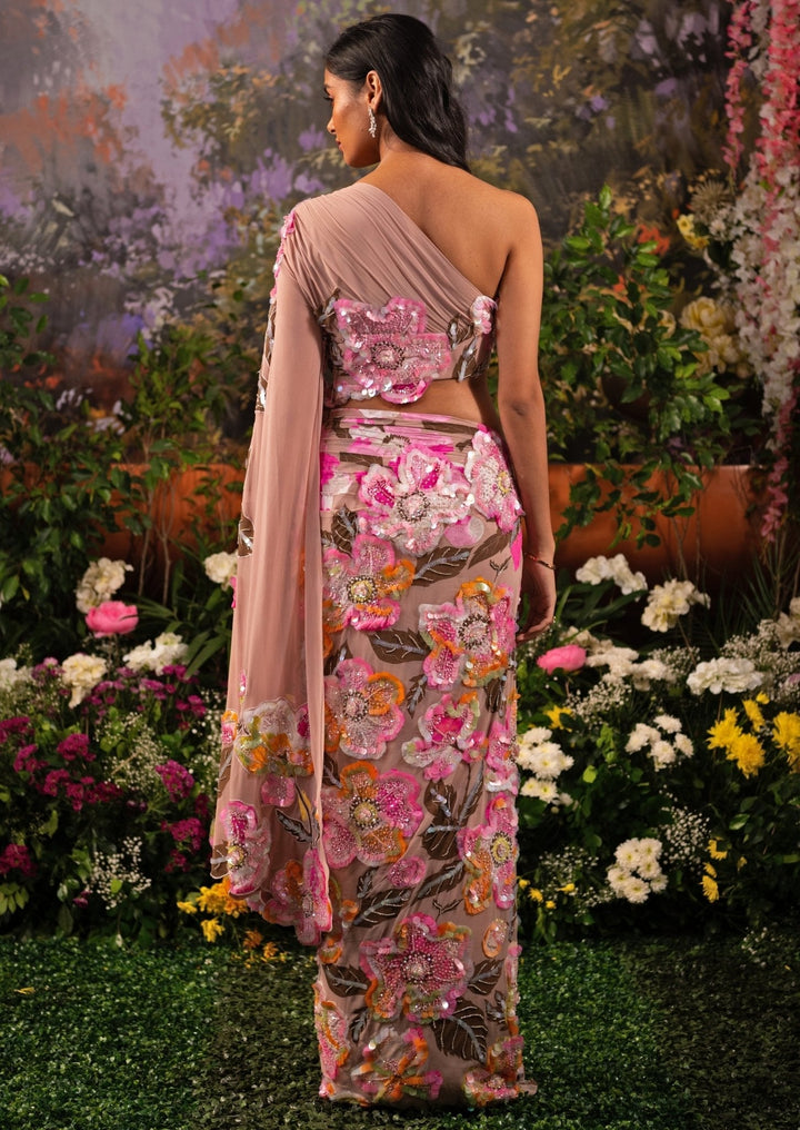 Pink Floral Embroidered And Draped Georgette Skirt Saree Moledro - Fabilicious Fashion