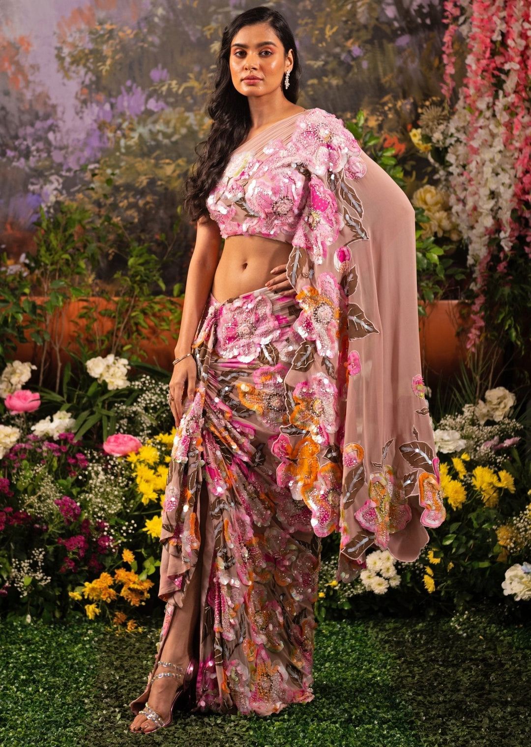 Pink Floral Embroidered And Draped Georgette Skirt Saree Moledro - Fabilicious Fashion