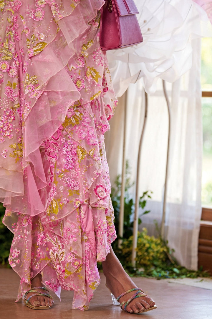 Pink Floral Embroidered And Draped Organza Ruffled Saree Moledro - Fabilicious Fashion