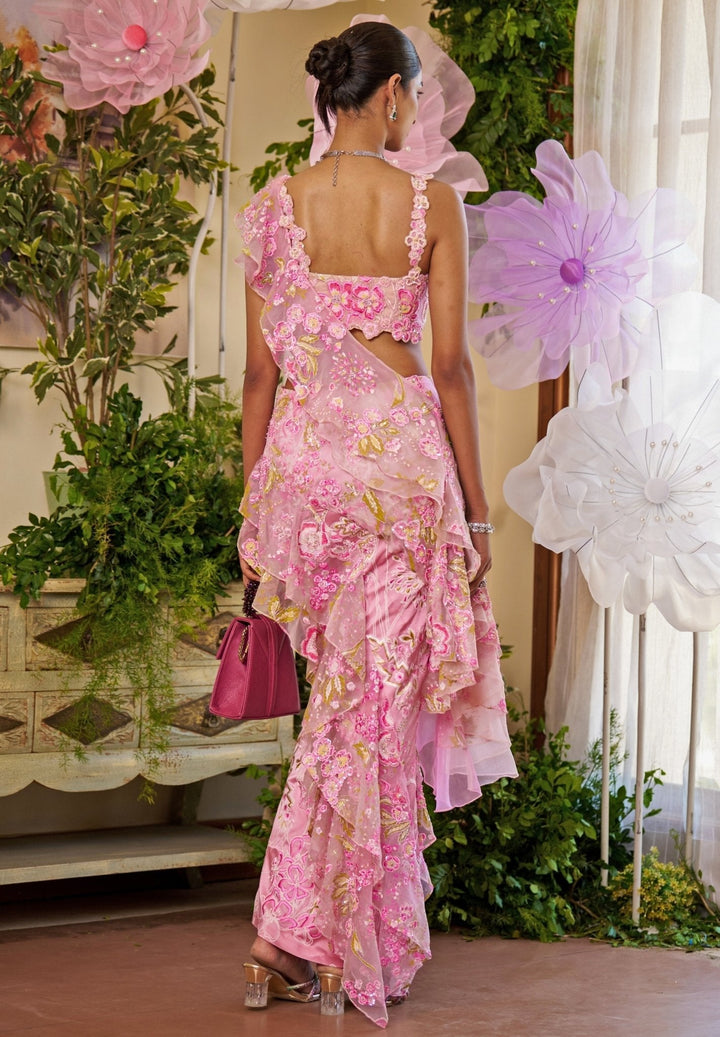 Pink Floral Embroidered And Draped Organza Ruffled Saree Moledro - Fabilicious Fashion