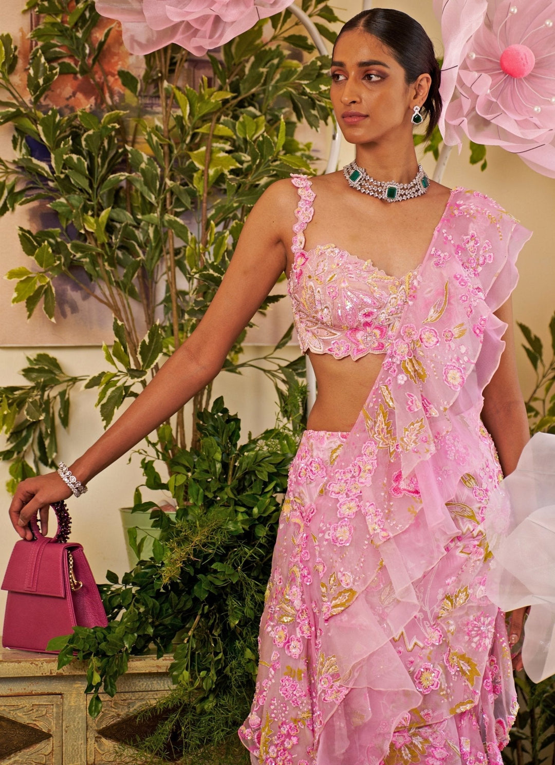 Pink Floral Embroidered And Draped Organza Ruffled Saree Moledro - Fabilicious Fashion
