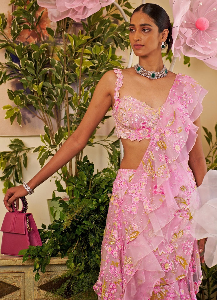 Pink Floral Embroidered And Draped Organza Ruffled Saree Moledro - Fabilicious Fashion
