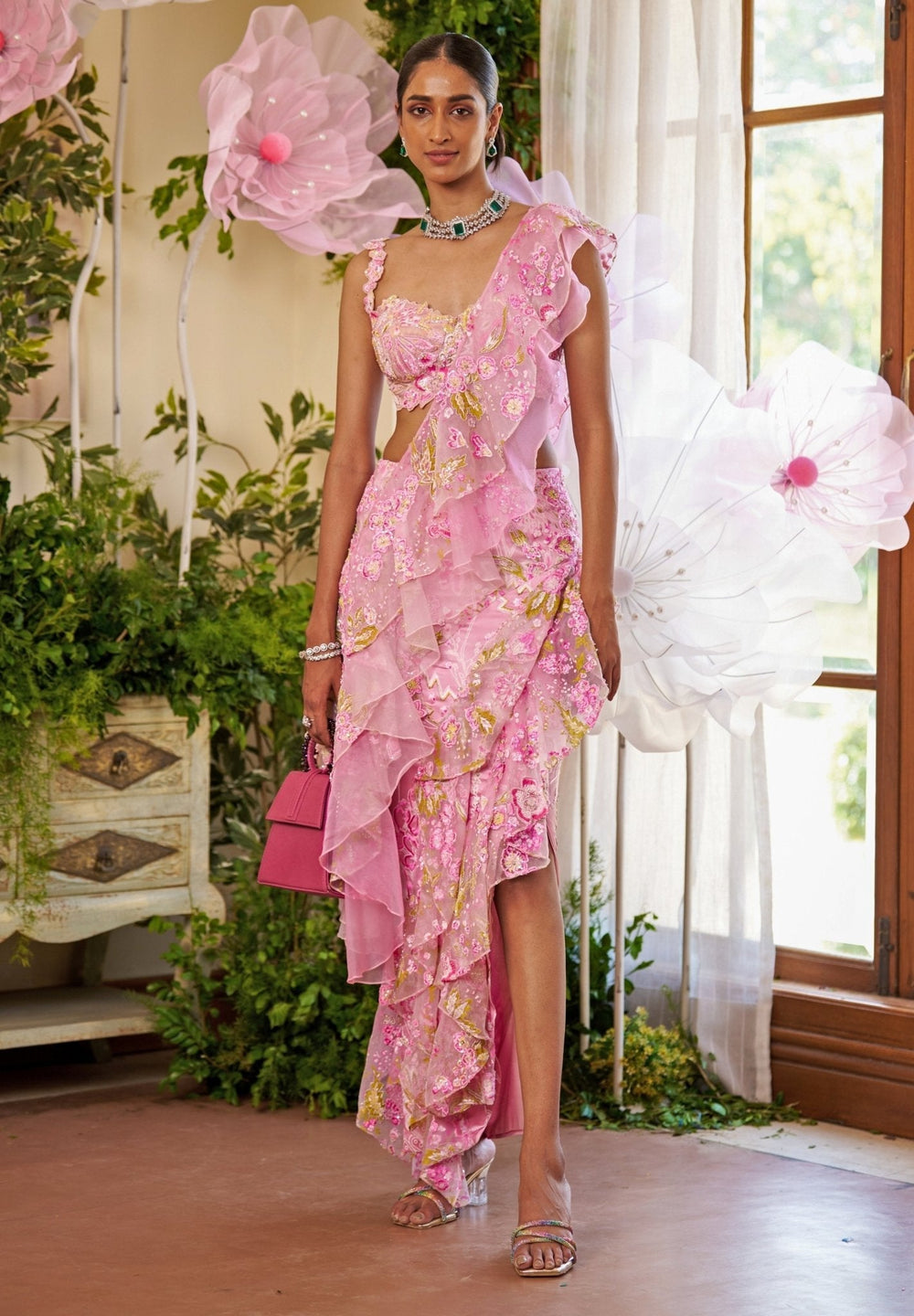 Pink Floral Embroidered And Draped Organza Ruffled Saree Moledro - Fabilicious Fashion