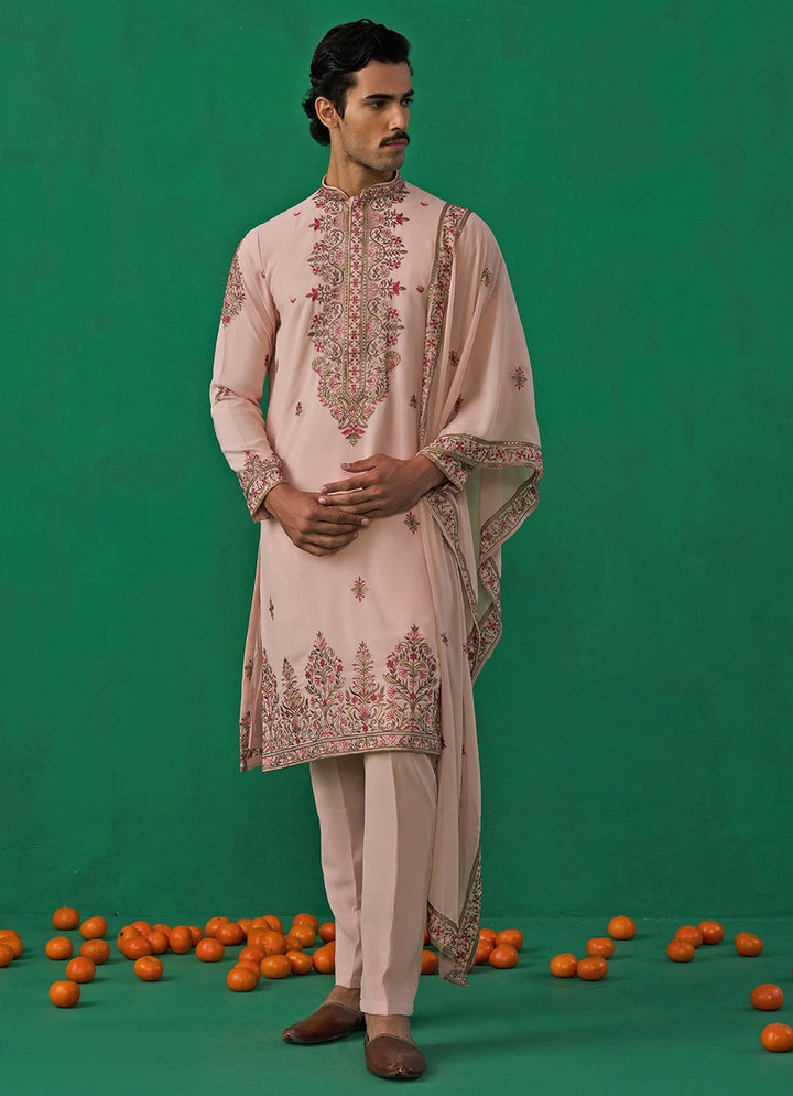 Pink Floral Embroidered Georgette Kurta Set Kalpraag - Fabilicious Fashion