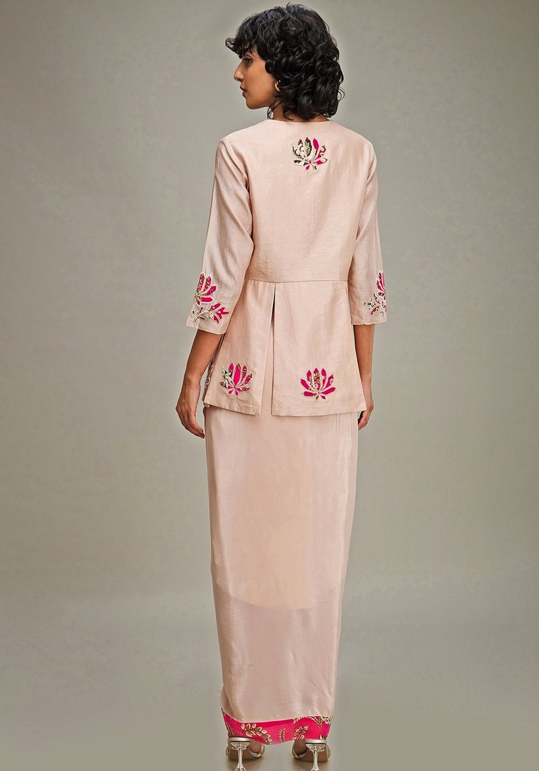 Pink Floral Embroidery Chanderi Top And Draped Skirt Set Soup By Sougat Paul - Fabilicious Fashion