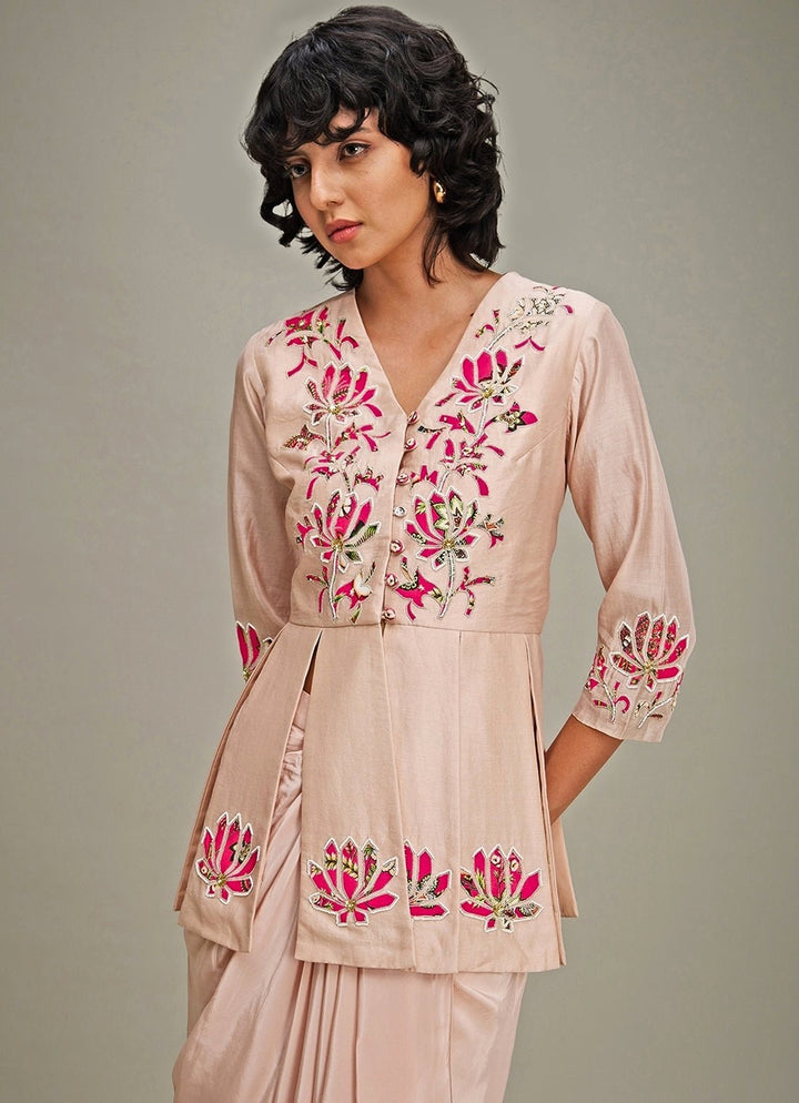 Pink Floral Embroidery Chanderi Top And Draped Skirt Set Soup By Sougat Paul - Fabilicious Fashion