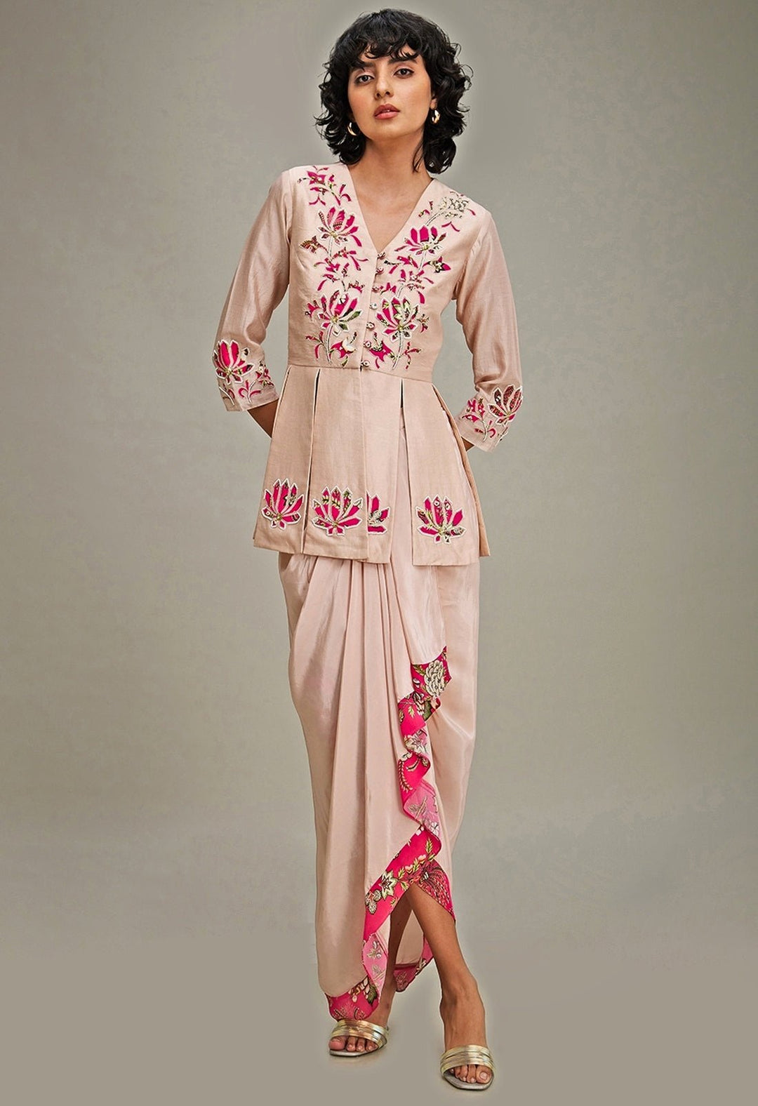 Pink Floral Embroidery Chanderi Top And Draped Skirt Set Soup By Sougat Paul - Fabilicious Fashion