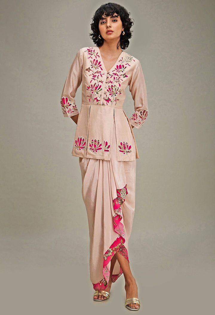 Pink Floral Embroidery Chanderi Top And Draped Skirt Set Soup By Sougat Paul - Fabilicious Fashion
