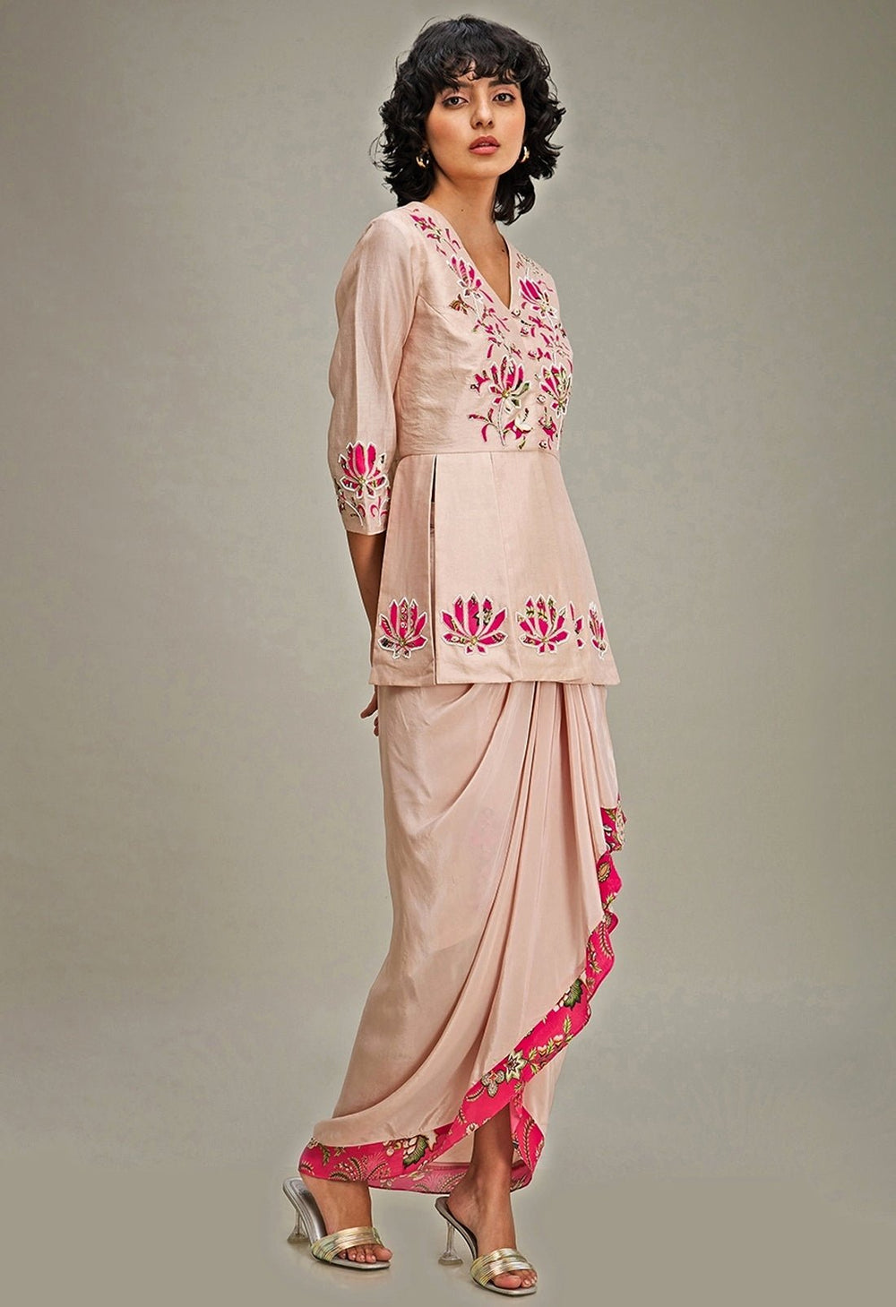 Pink Floral Embroidery Chanderi Top And Draped Skirt Set Soup By Sougat Paul - Fabilicious Fashion