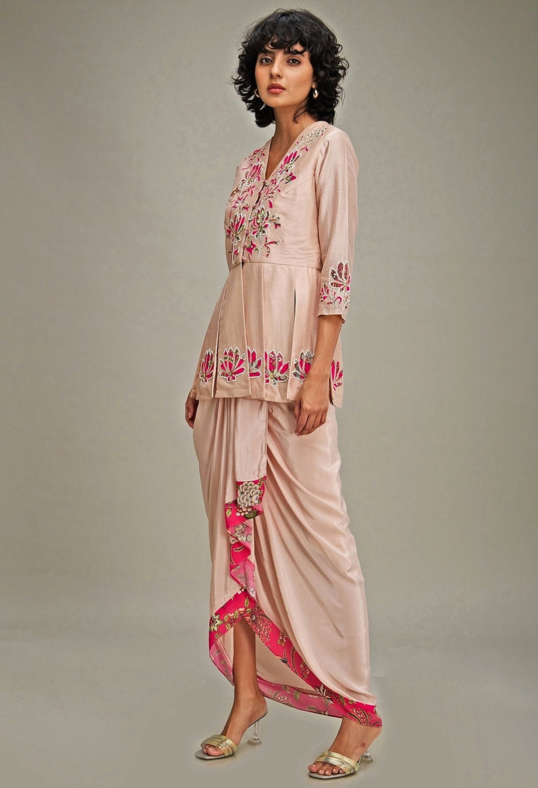 Pink Floral Embroidery Chanderi Top And Draped Skirt Set Soup By Sougat Paul - Fabilicious Fashion
