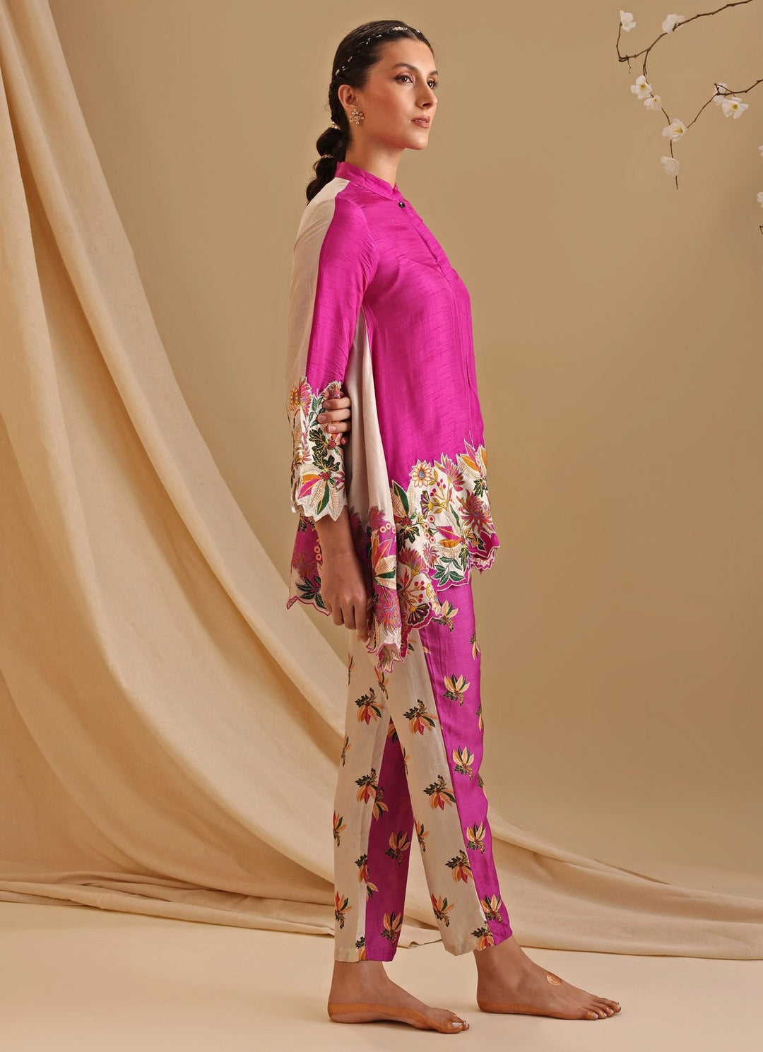 Pink Floral Embroidery Silk Tunic With Pant Set Soup By Sougat Paul - Fabilicious Fashion