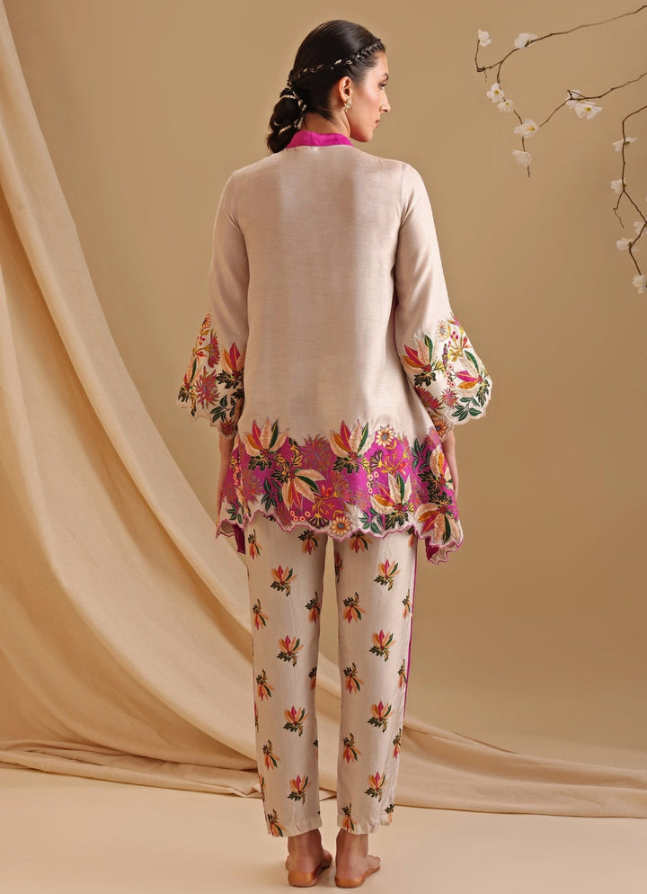Pink Floral Embroidery Silk Tunic With Pant Set Soup By Sougat Paul - Fabilicious Fashion