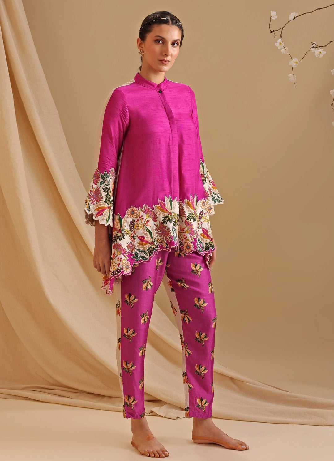 Pink Floral Embroidery Silk Tunic With Pant Set Soup By Sougat Paul - Fabilicious Fashion