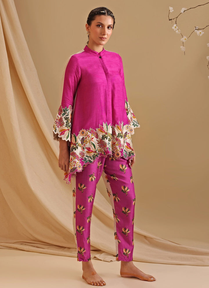 Pink Floral Embroidery Silk Tunic With Pant Set Soup By Sougat Paul - Fabilicious Fashion