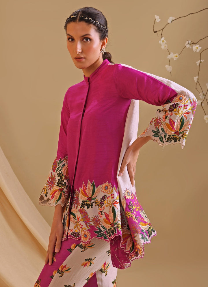 Pink Floral Embroidery Silk Tunic With Pant Set Soup By Sougat Paul - Fabilicious Fashion