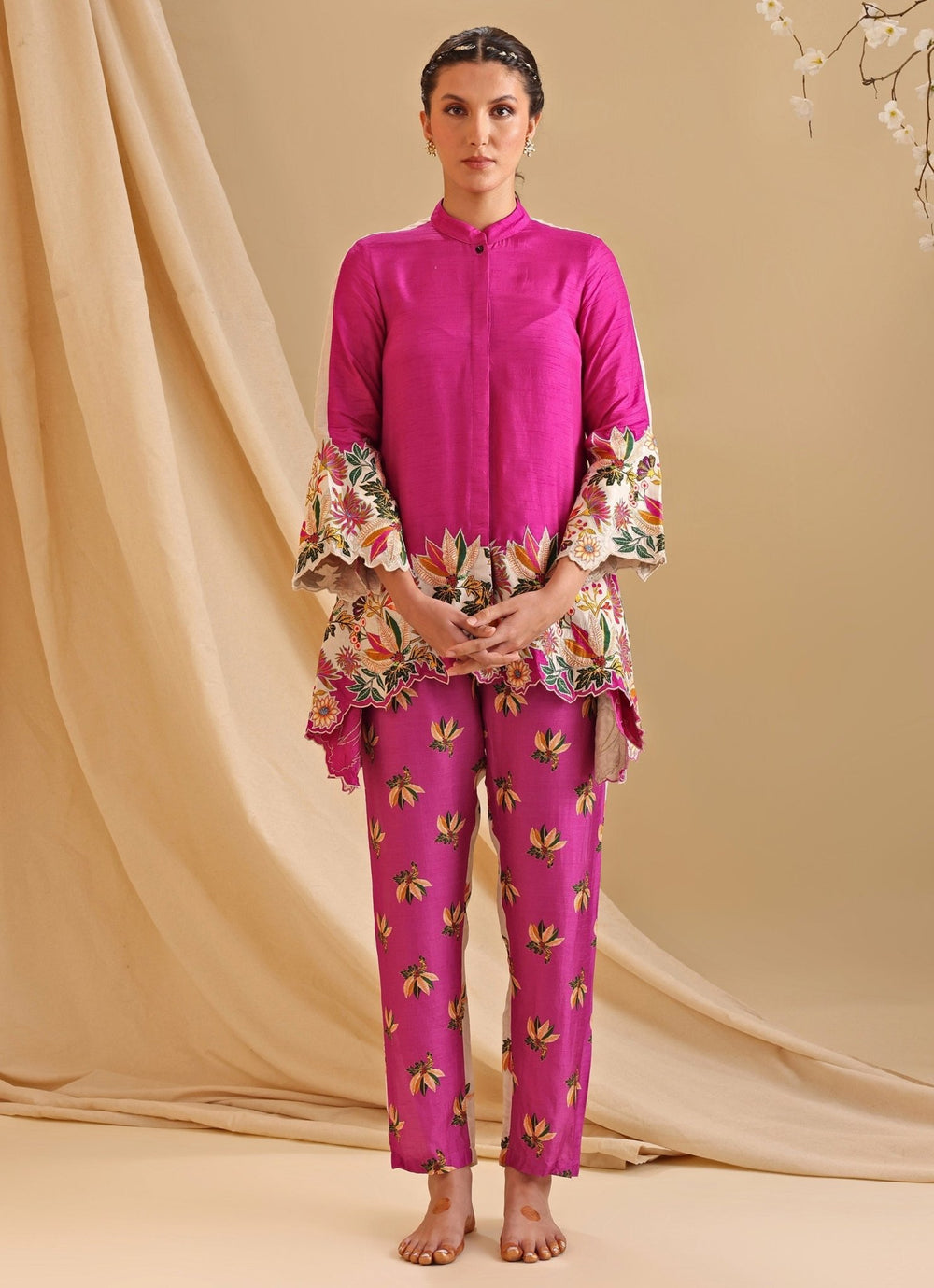 Pink Floral Embroidery Silk Tunic With Pant Set Soup By Sougat Paul - Fabilicious Fashion