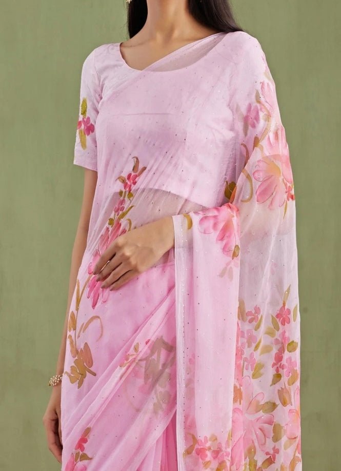 Geroo Jaipur Pink Floral Hand Painted Chiffon Pre - Draped SareeFabilicious Fashion