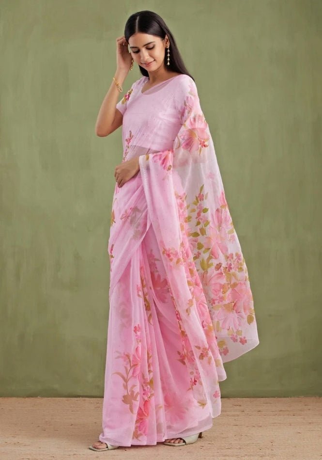 Geroo Jaipur Pink Floral Hand Painted Chiffon Pre - Draped SareeFabilicious Fashion