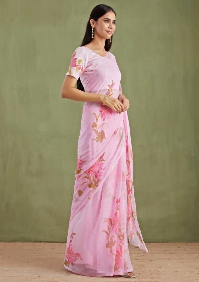 Pink Floral Hand Painted Chiffon Pre - Draped Saree Geroo Jaipur - Fabilicious Fashion