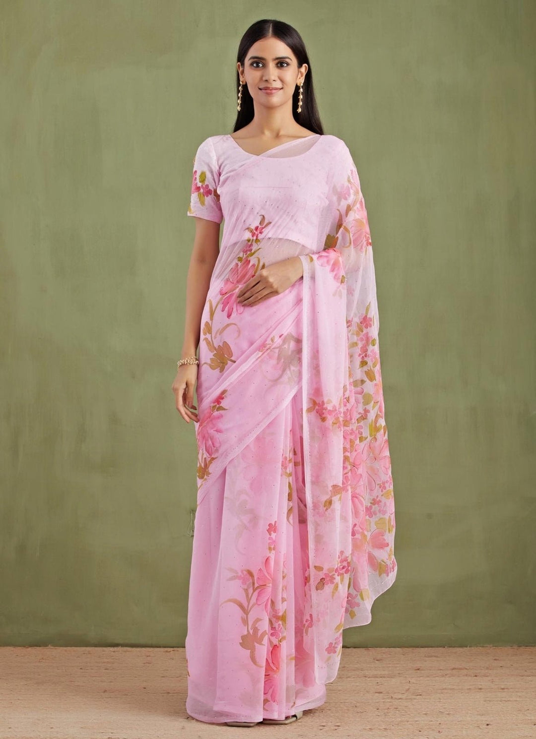 Pink Floral Hand Painted Chiffon Pre - Draped Saree Geroo Jaipur - Fabilicious Fashion