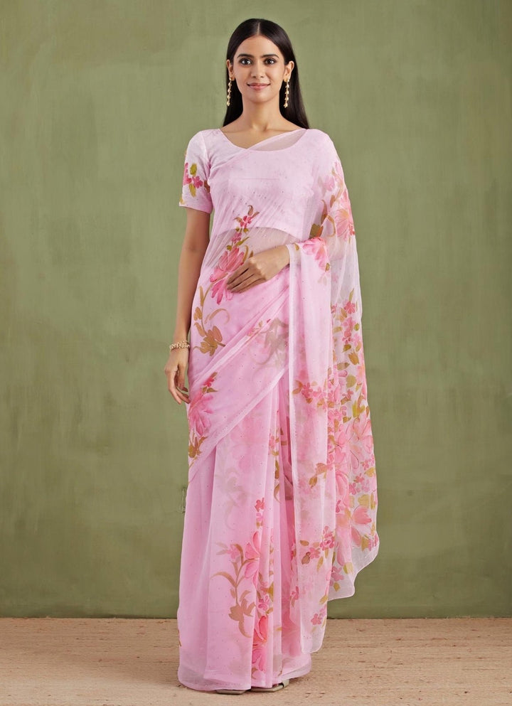 Geroo Jaipur Pink Floral Hand Painted Chiffon Pre - Draped SareeFabilicious Fashion
