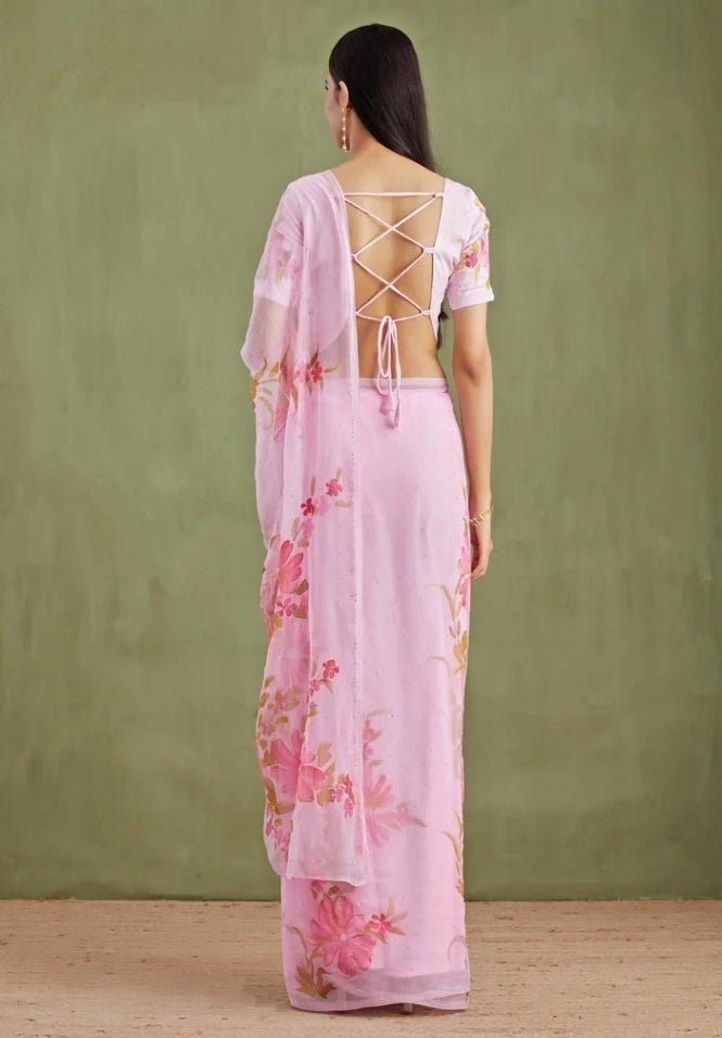 Geroo Jaipur Pink Floral Hand Painted Chiffon Pre - Draped SareeFabilicious Fashion