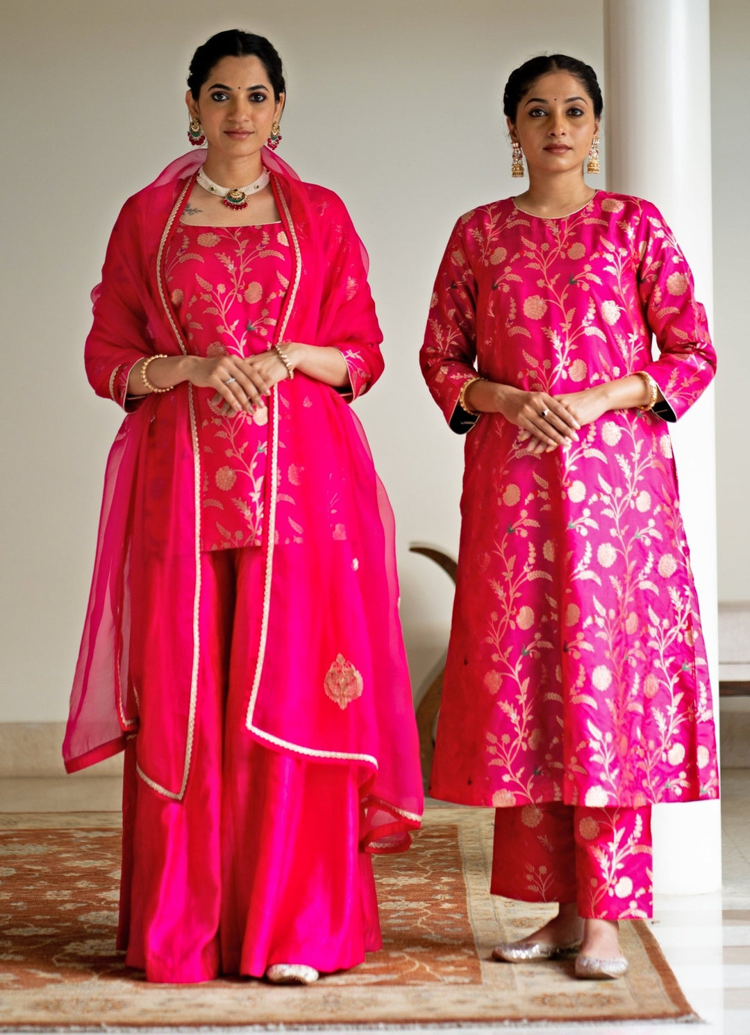 Pink Floral Jaal Brocade Short Kurta Palazzo Set Sobariko - Fabilicious Fashion