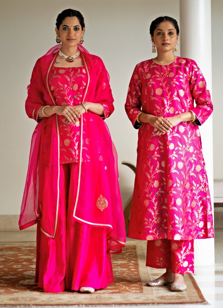 Pink Floral Jaal Brocade Short Kurta Palazzo Set Sobariko - Fabilicious Fashion