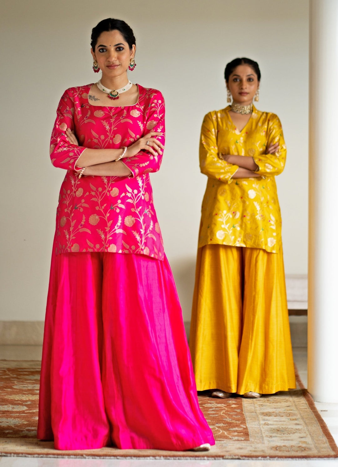 Pink Floral Jaal Brocade Short Kurta Palazzo Set Sobariko - Fabilicious Fashion