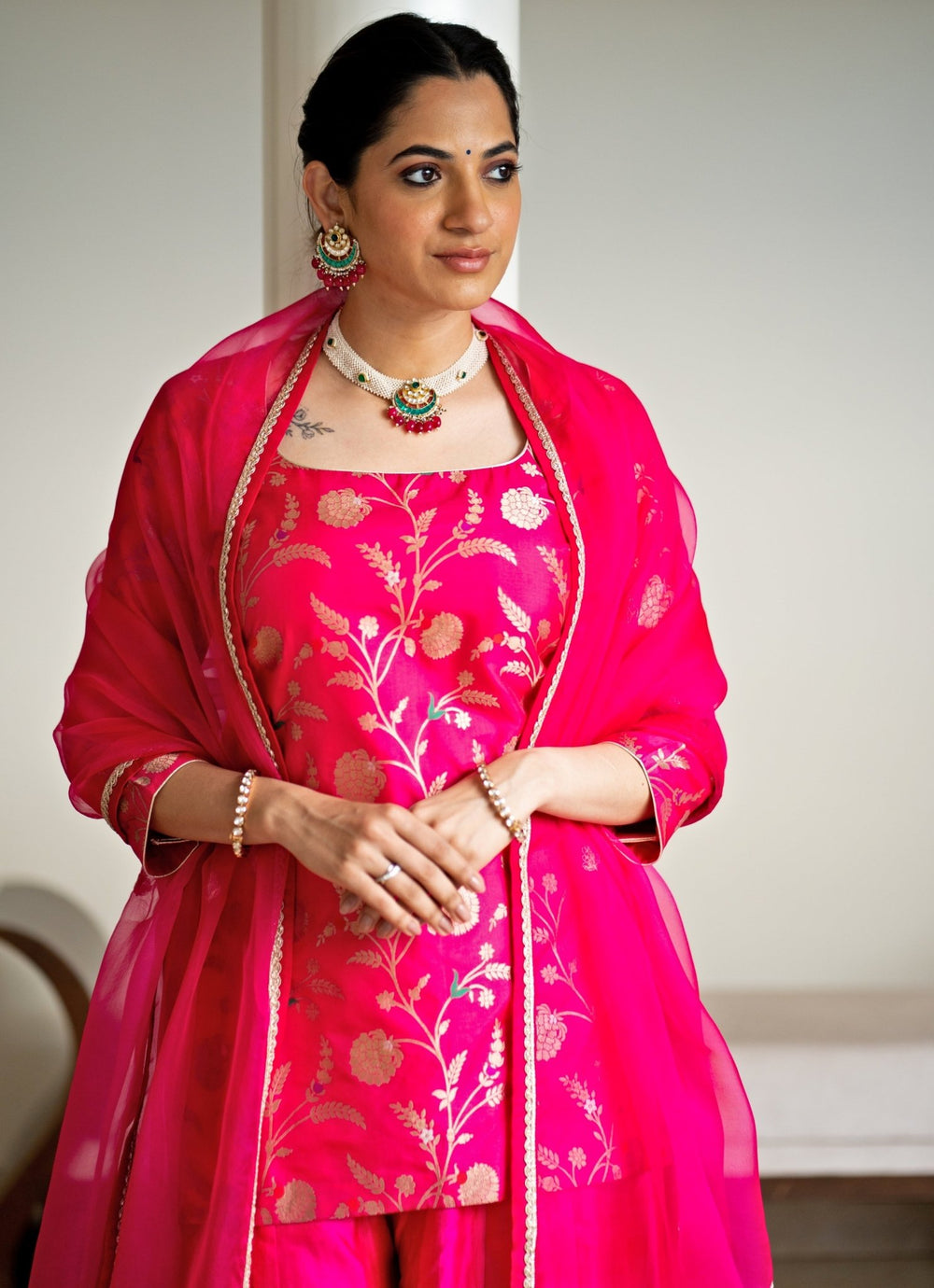 Pink Floral Jaal Brocade Short Kurta Palazzo Set Sobariko - Fabilicious Fashion