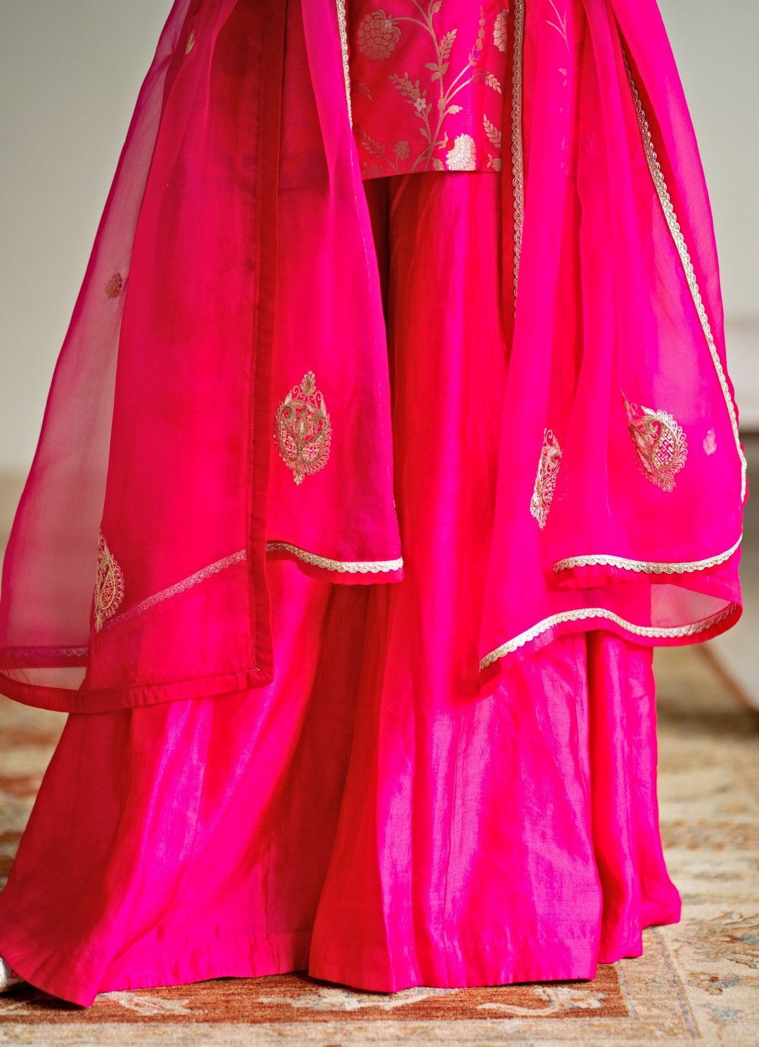 Pink Floral Jaal Brocade Short Kurta Palazzo Set Sobariko - Fabilicious Fashion